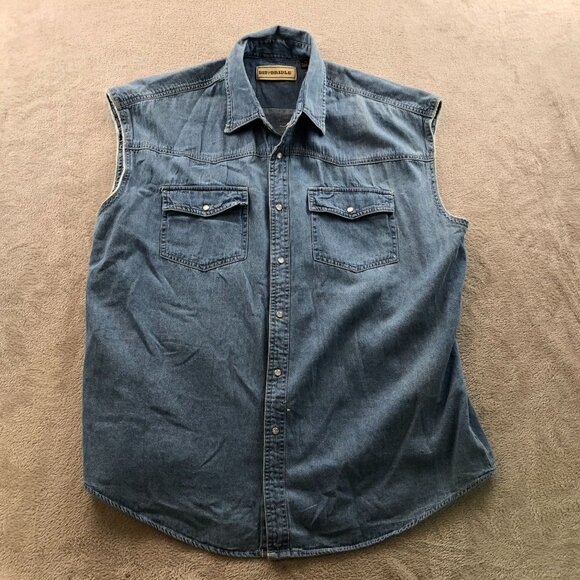Bit & Bridle Men's Chambre Shirt XL Sleeveless Button Up Pocket Blue Denim Casua - Picture 13 of 15